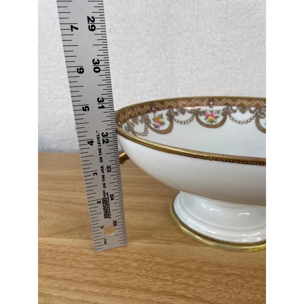 Antique Nippon Hand Painted Porcelain Pedestal Bowl Gold Moriage Floral 10.25